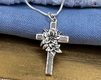 Sterling Silver Cross with Lily Flower Necklace - Symbolic Jewelry, Nature Charm, Religious Jewelry, Christian Jewelry, Lily Flower Necklace