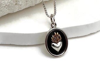 Sacred Heart, Small Sterling Silver Sacred Heart Necklace - Flaming Heart, Milagro, Catholic Heart, Communion Gift, Christmas Gift for Mom