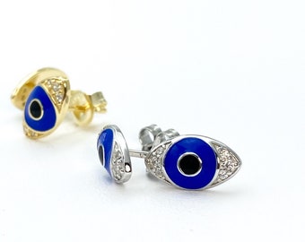 Evil Eye Stud Earrings -Gold Eye Earrings, Eye Shaped Oval Earrings, Silver Eye Earrings, Sterling Silver Everyday Jewelry, Minimal Earrings