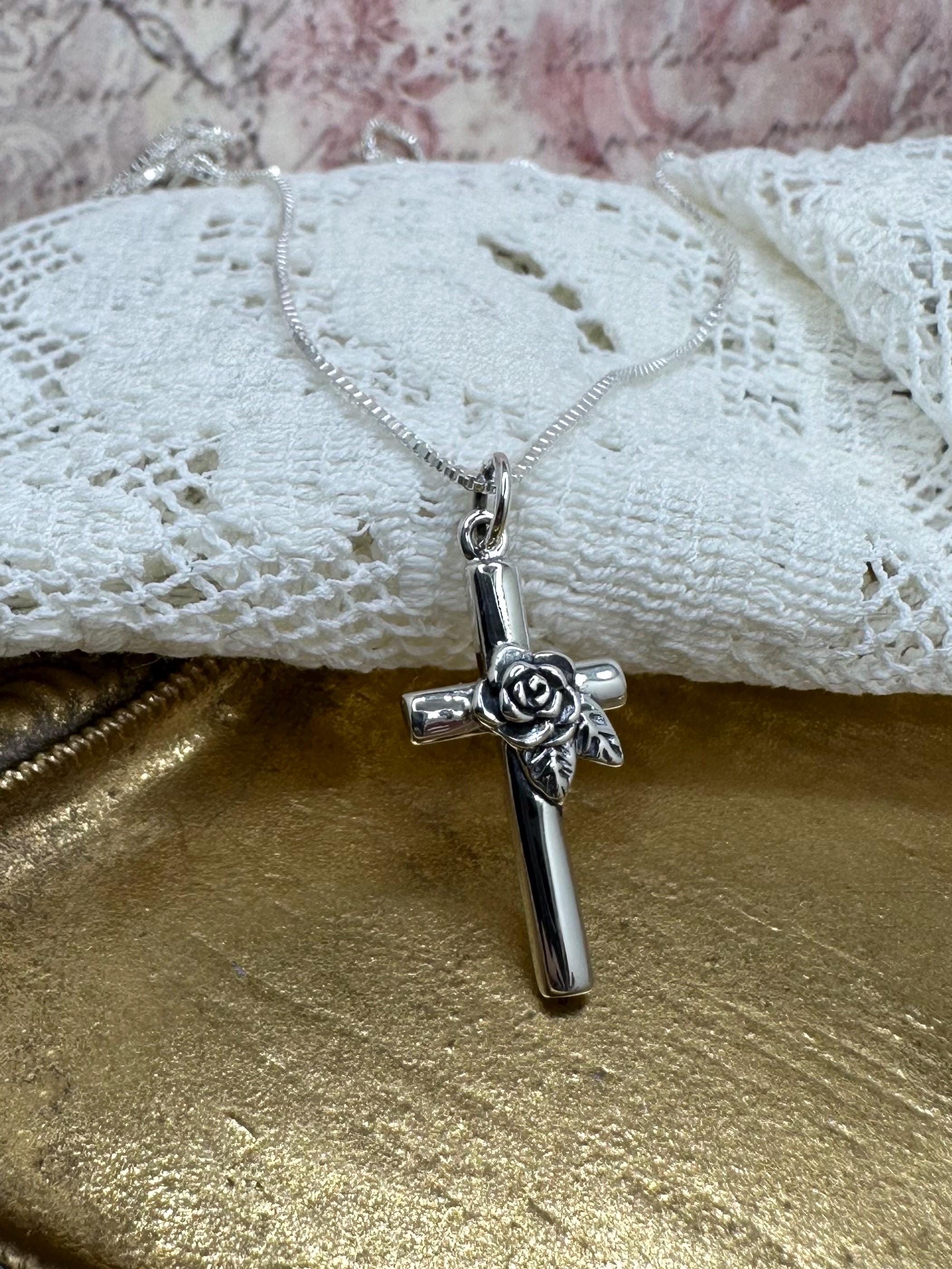 Sterling Silver Cross With Rose Flower Necklace - Symbolic Jewelry ...