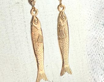 Gold Sardine Earrings - Fun Dangle Drop Earrings - Aquatic Jewelry, Fish Jewelry, Symbolic, Ocean Lovers Earrings, Ocean Lovers Jewelry