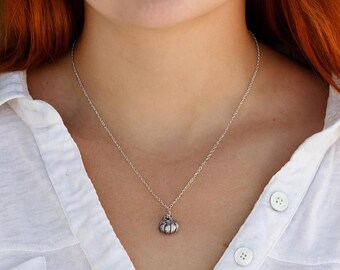 Puede incluir: Un collar de tono plateado con un pequeño colgante texturizado en forma de calabaza suspendido de una cadena delicada. El colgante tiene un acabado metálico con surcos visibles y un detalle de tallo, sobre una camisa blanca con botones.