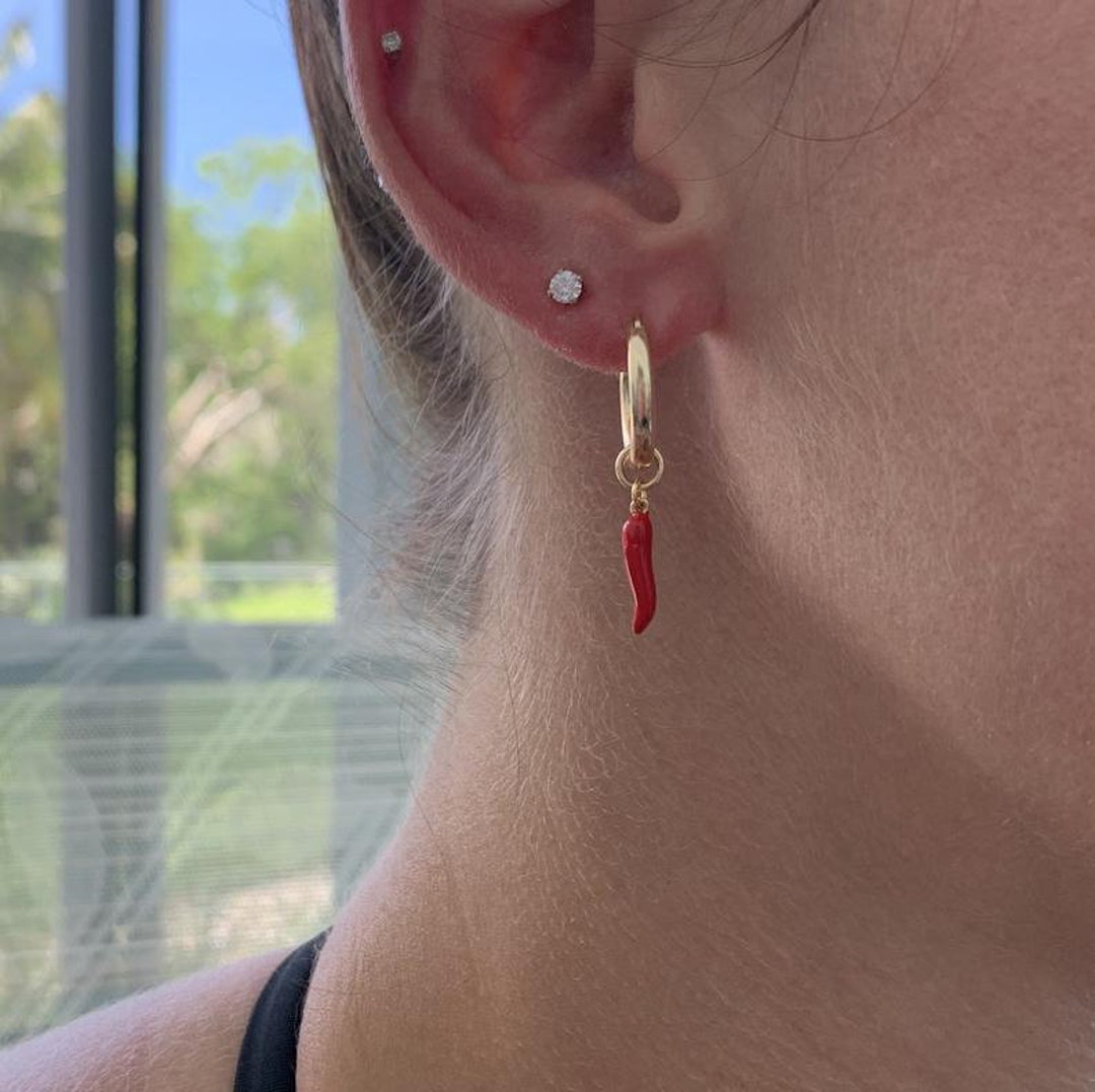 Tiny Gold Hot Chili Pepper Earrings Dainty Red Spicy Hot Etsy