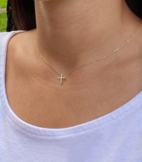 Diamond Cross Necklace 14K Gold Necklace Dainty Diamond | Etsy