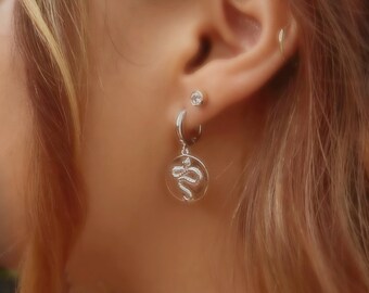 Snake Earrings - Gold Snake Huggie Earrings, Sterling Silver Hoop Earrings, Emerald Tiny Eye, Ouroboros Hoops, Symbolic Snake, Jewelry