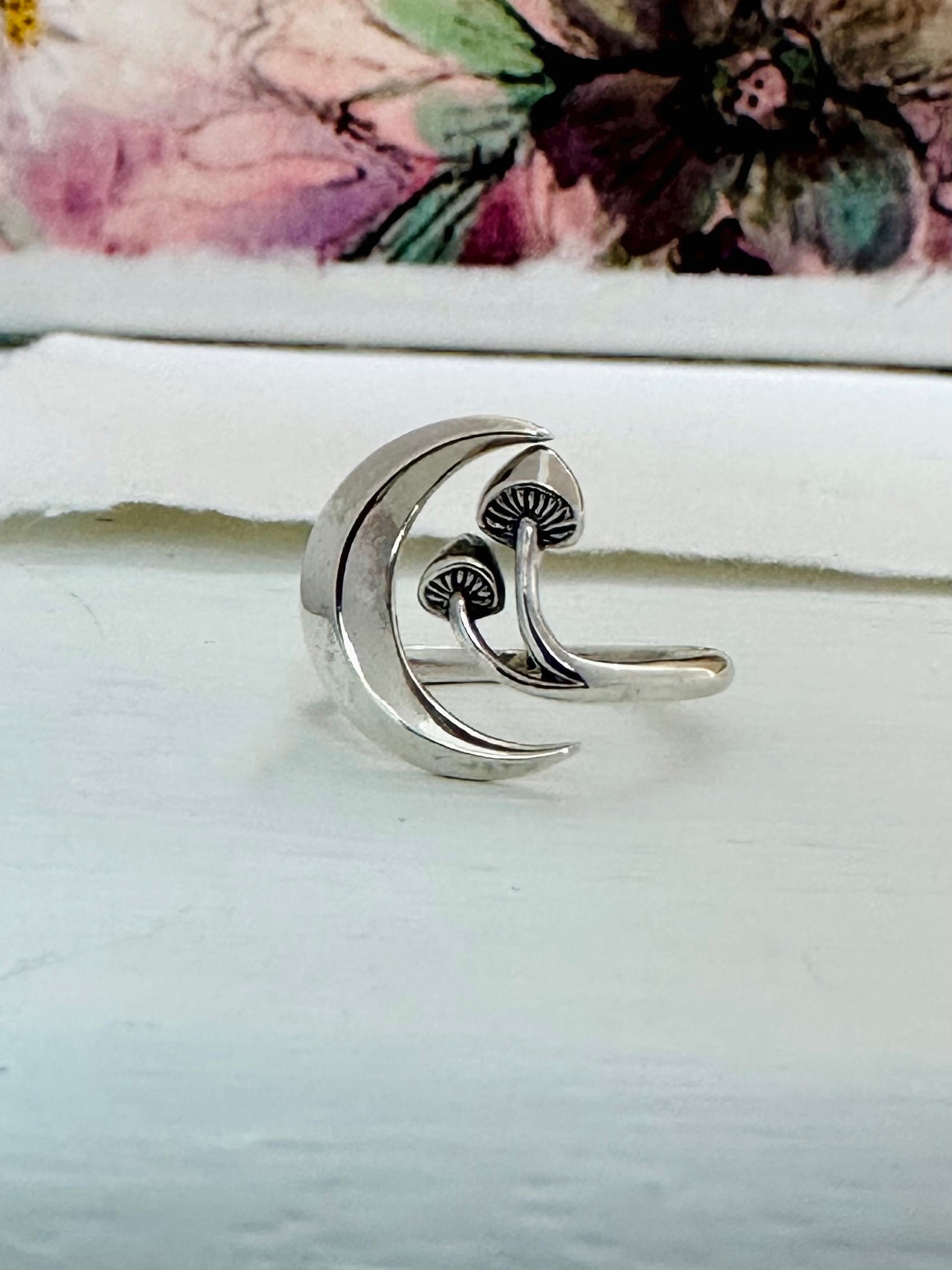 Silver Moon Rings Sterling Silver Moon Ring - Silver Mushroom Moon Ring, Adjustable Ring ...