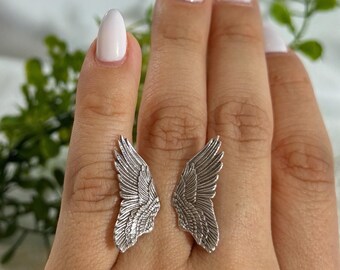 Sterling Silver Angel Wings Ring - Guardian Angel Ring, Adjustable Ring, Symbolic Jewelry, Silver Angel Wing Ring, Chunky Silver Ring