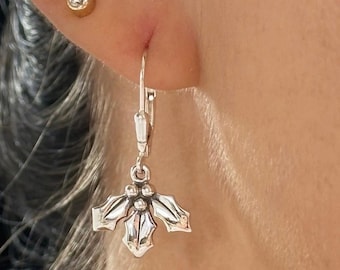 Holly Earrings - Sterling Silver Mistletoe Earrings, Holly Berry Earrings, Mistletoe Earrings, Lever back Christmas Earrings, Mistletoe Gift