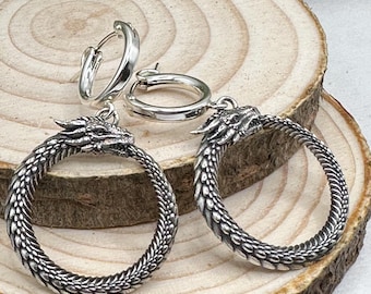 Dragon Earrings - Medieval Jewelry, Earrings, Fantasy, Silver Ouroboros Dragon Jewelry, Hoop Earrings, Wisdom, Strength, Myths and Legends