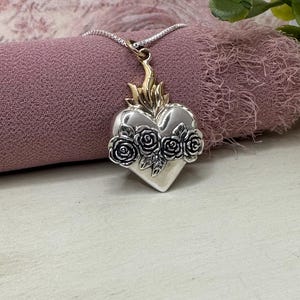 Sacred Heart, Sterling Silver Sacred Heart Necklace - Rose Sacred Heart Necklace, Flaming Heart, Milagro, Catholic Heart, Immaculate Heart