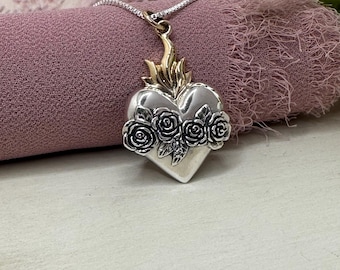 Sacred Heart, Sterling Silver Sacred Heart Necklace - Rose Sacred Heart Necklace, Flaming Heart, Milagro, Catholic Heart, Immaculate Heart