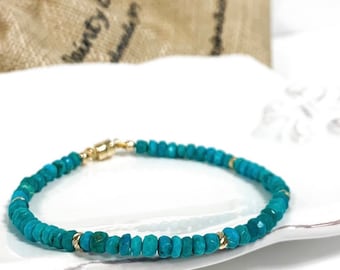 Turquoise and 14K Gold Bracelet - Blue Green Turquoise, Dainty Bracelet, Gemstones, Genuine Turquoise, December Birthstone, Solid Gold Beads