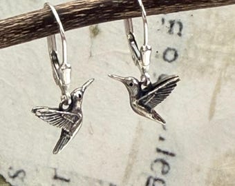 Hummingbird Earrings, Tiny Birds - Dangle Earrings, Silver Tiny Hummingbirds, Bridesmaid Gift, Lever back Earrings, Bird Lover Jewelry