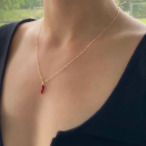 May include: A gold chain necklace with a red chili pepper pendant.