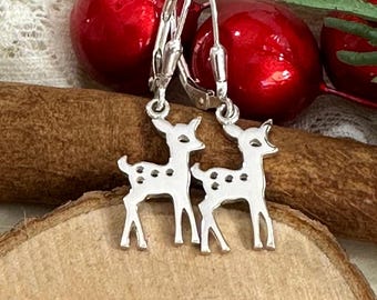 Silver Deer Earrings - Sterling Silver Reindeer Earrings, Christmas Earrings, Lever back Earrings, Teacher Gifts, Christmas Deer, Holidays