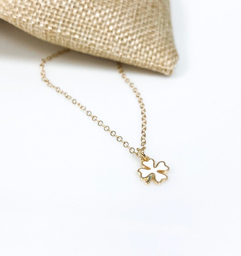 Gold Shamrock Lucky Clover Necklace Sparkly White Enamel Clover Necklace Layering Jewelry Tiny Four Leaf Clover Dainty Choker Necklace