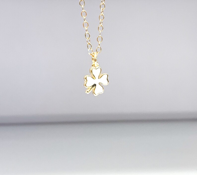Gold Shamrock Lucky Clover Necklace Sparkly White Enamel Clover Necklace Layering Jewelry Tiny Four Leaf Clover Dainty Choker Necklace
