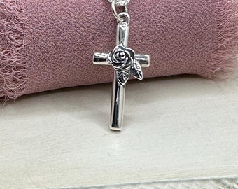 Sterling Silver Cross with Rose Flower Necklace - Symbolic Jewelry, Nature Charm, Religious Jewelry, Christian Jewelry, Rose Flower Necklace