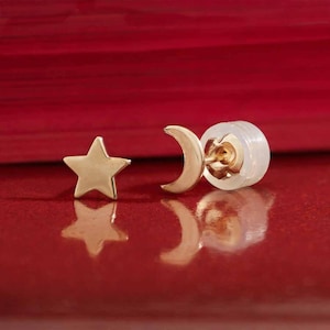 Star and Moon Earrings - Solid 14K Real Gold Stars, Solid Gold Moon and Tiny Stars, Star Studs, Celestial Design, Graduation Gift, Gold Star