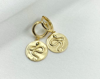 Snake Earrings - Gold Snake Huggie Earrings, Sterling Silver Hoop Earrings, Emerald Tiny Eye, Ouroboros Hoops, Symbolic Snake, Jewelry