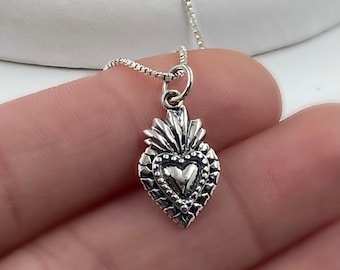 Dainty Sacred Heart Necklace - Sterling Silver Tiny Heart Choker, Mother's Day Gift, Sacred Heart, Flaming Heart, Milagro, Catholic Heart