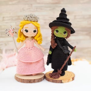Può includere: Due bambole all'uncinetto: una principessa e una strega. La principessa ha i capelli gialli, un vestito rosa e una corona d'argento. Tiene in mano una bacchetta rosa. La strega ha la pelle verde, i capelli castani e un vestito e un cappello neri. Tiene una scopa.