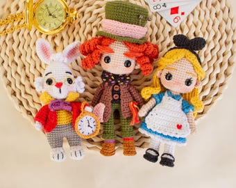 Alice in Wonderland Crochet Pattern Bundle with 3 Mini Amigurumi Dolls PDF Download