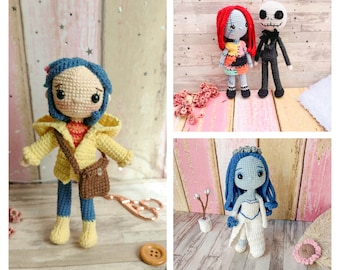 crochet pattern/ incluye los patrones de 4 muñecos en español e ingles/ incluye Sally, Jack, Coraline y Emily