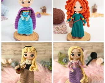 Crochet pattern: 4-in-1 Princess Doll Pack / PDF pattern in English and Spanish / includes Elsa, Merida, Aurora, and Rapunzel.