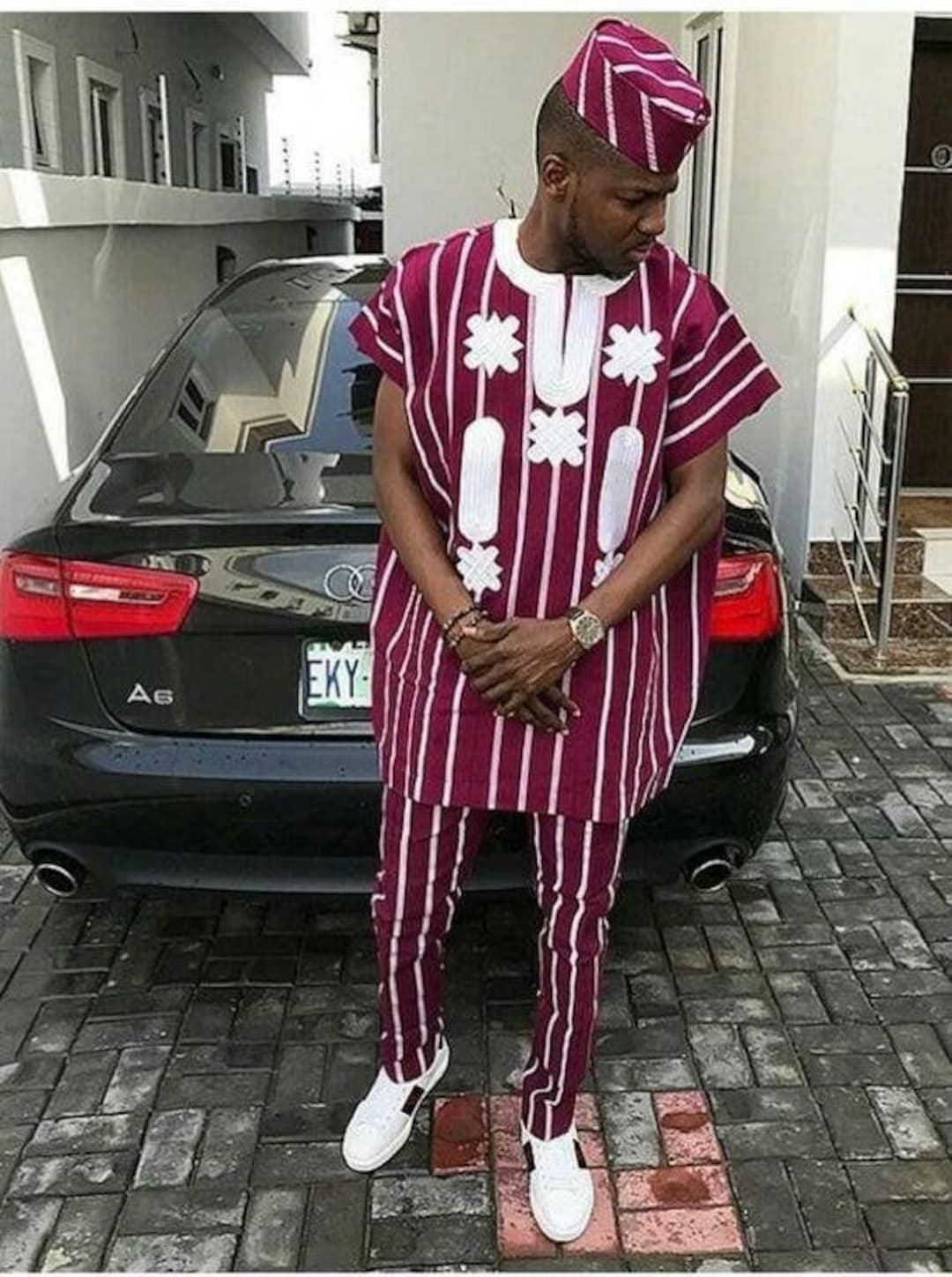 African Aso Oke Men Clothing, Traditional Ofi Groom Suit. African