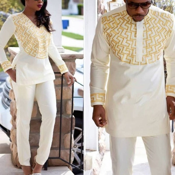 White African couples outfits, Nigerian couples outfits, African fashion, African attire. Shirts and pant , African suits. Ivory Africa suit