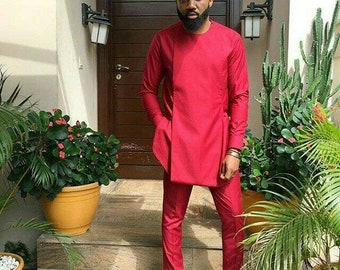 African men clothing / African fashion/ wedding suit/dashiki / African men's shirt/ vêtement africain/ chemise et pantalon/ African Red Suit