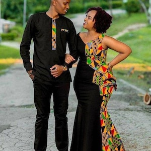 african couple dress fashion Couple African outfit, Couple Ghana Tanzania engagement,Nigerian wedding, African clothes for couples, couples matching outfit, orange