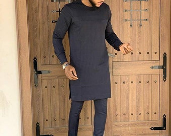 Traje negro para hombres, ropa para hombres africanos, traje para hombres africanos, traje de novio africano, vestido de novia africano, Dashiki para hombres. Vestimenta africana.