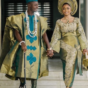African Traditional wedding outfits, women Aso oke outfits., Men senator agbada wears.