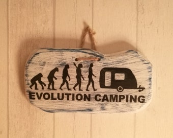 Deko Schild "Camping Evolution " Vintage Deko, handmade, Unikat shabby chic,Wohnmobil, Camping Deko, 018