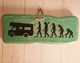 Deko Schild "Camping Evolution " Vintage Deko, handmade, Unikat shabby chic,Wohnmobil, Camping Deko, 016