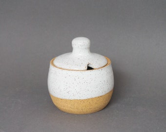 White Sugar Bowl - Honey Pot - Handmade Ceramic Wheelthrown Bowl with Lid - Speckled Clay with White Glaze