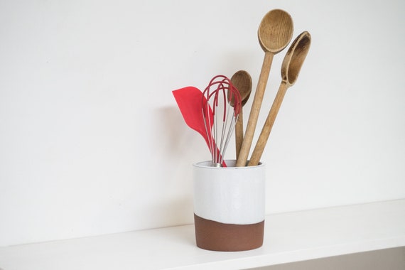 Handmade Ceramic Kitchen Utensil Holder White Glazed Clay Crock