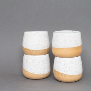 Set of Four Mini Tumblers - Espresso Cup - 4 oz.  Speckled White and Brown Stoneware Cup - Mini Ceramic Tumbler
