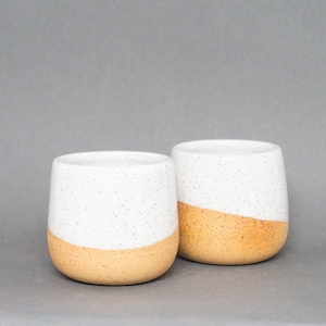 Set of Two Small Tumblers - 6 oz. Stemless Wine Glass - Ceramic Whiskey Cup - Speckled White Stoneware Cup