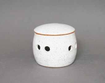 Small Garlic Keeper - Handmade Ceramic Lidded Garlic Jar - White Stoneware Jar with Ventilation