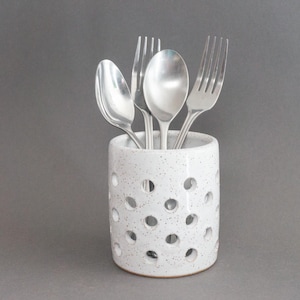 Small Kitchen Utensil Holder - Handmade Ceramic White Glazed Clay Kitchen Crock