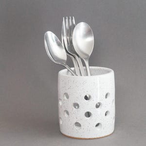 Small Kitchen Utensil Holder - Handmade Ceramic White Glazed Clay Kitchen Crock