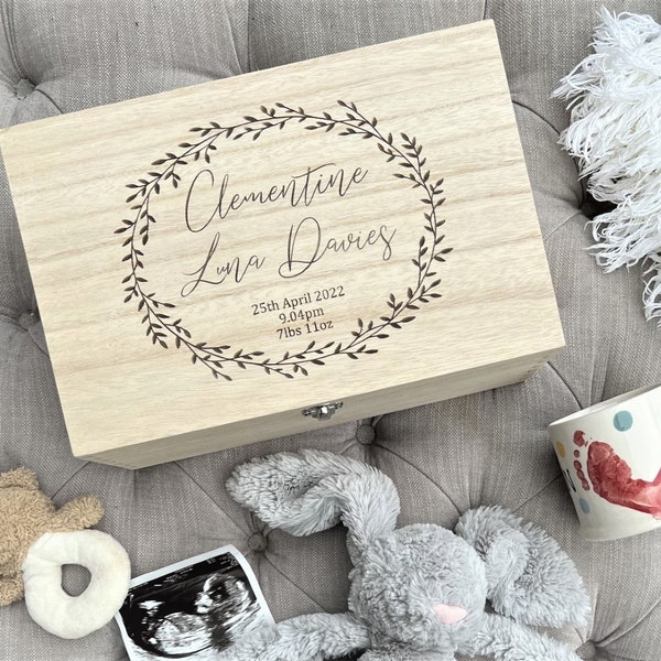 Baby Memory Box | Keepsake Box | Newborn Baby Memories | Childhood Memories | Wreath | Children | Baby Gift | Personalised | Engraved