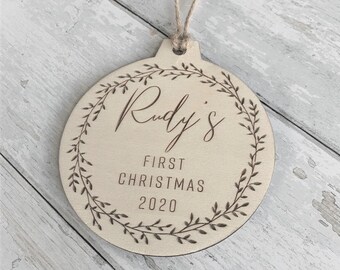 Wooden Christmas Bauble Tree Decoration | Wreath | First Christmas | Baby | Twine | Bauble | Rustic | Personalised | Laser Cut