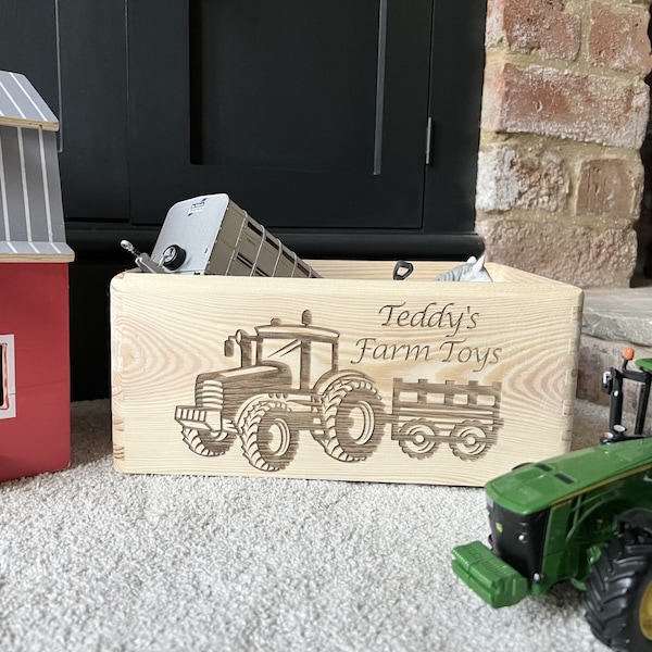 Children's Toy Crate | Storage | Box | Tractor | Trailer | Farm Toys | Farm Animals | Digger | First Toys | Wooden | Personalised | Engraved