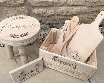 Children's Mud Kitchen Play Set | Accessories | Crate | Stool | Utensils | Board | Sign | Wooden | Play | Imaginative |Personalised|Engraved