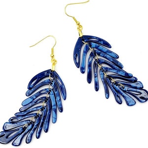 Blue Leaf Stacked Drop Dangle Resin Earrings Navy Earrings