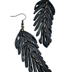 Black Leaf Stacked Drop Dangle Resin Earrings